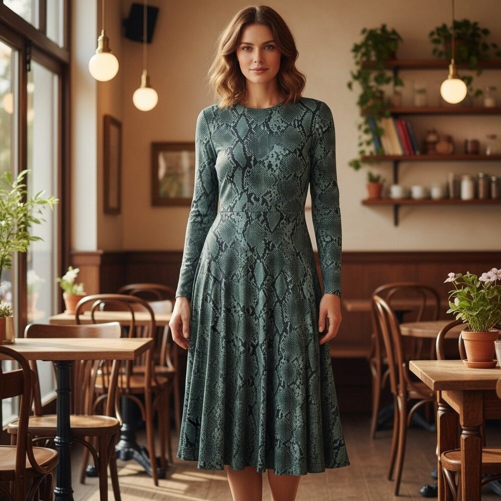 Ever New Melbourne Green Snake Skin Print Mock Neck Midi Dress 12